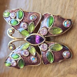Vintage Liz Claibore Brooch Enameled, Rhinestones, Auroa Borealis, Gold Tone